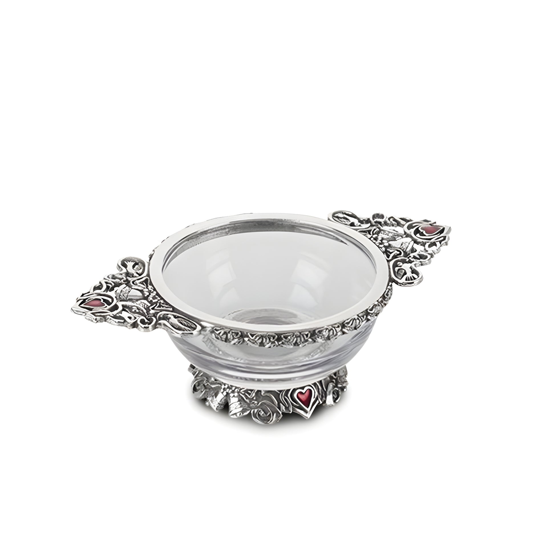 Glass and pewter wedding quaich bowl with intricate heart design.