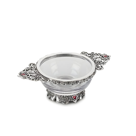 Glass and pewter wedding quaich bowl with intricate heart design.