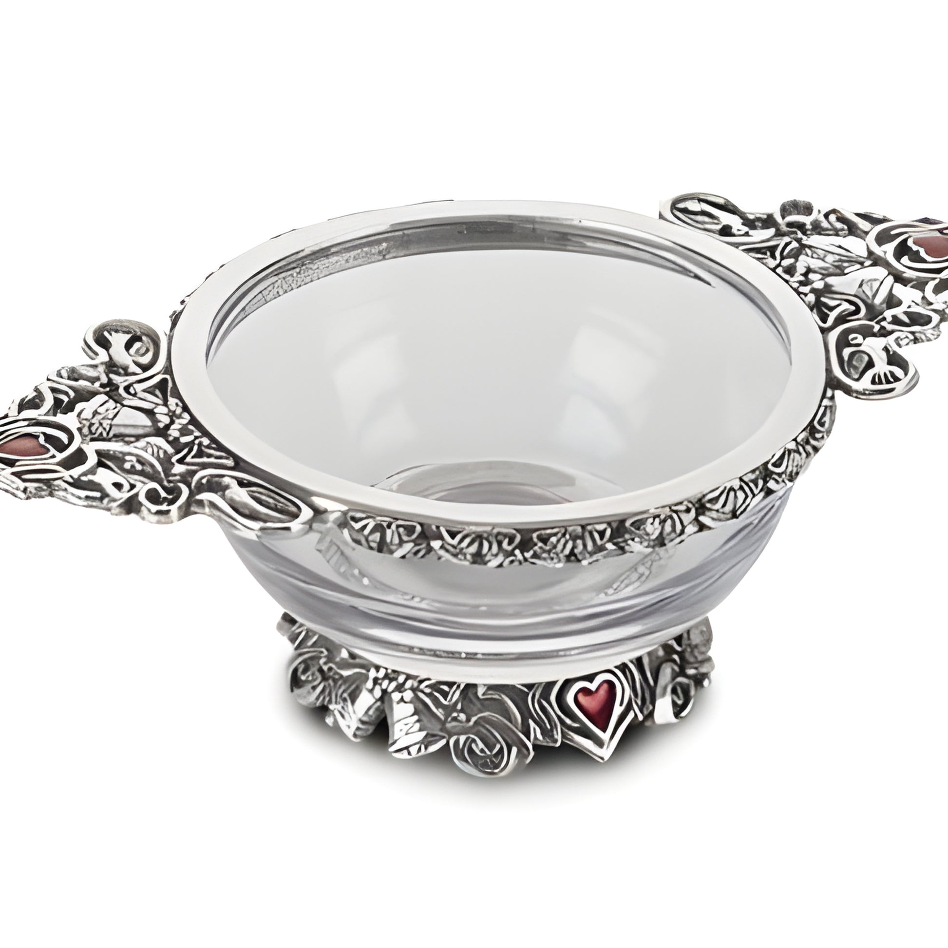 Ornate glass and pewter quaich bowl with heart design, ideal for weddings.
