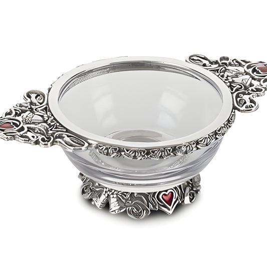 Ornate glass and pewter quaich bowl with heart design, ideal for weddings.