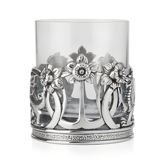 Glass and pewter whisky tumbler with Welsh dragon and floral design.