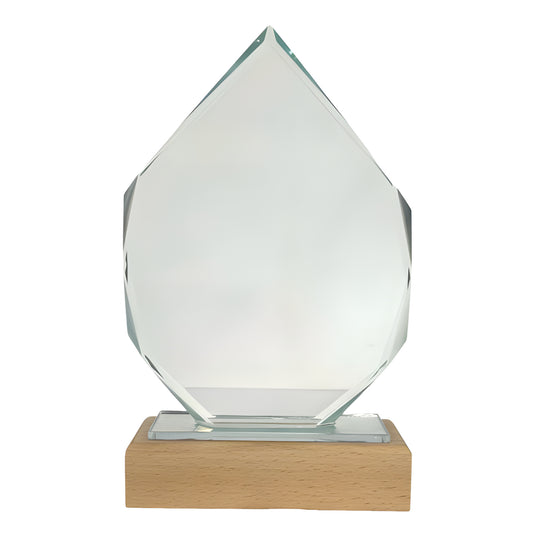 Glass iceberg-shaped award with a wooden base for custom engraving