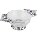 Celtic design glass quaich bowl with silver stag motifs and amethyst gemstones.