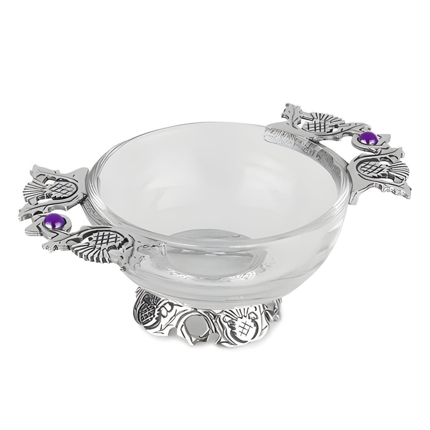 Glass quaich bowl with thistle handles and purple jewels on silver accents.