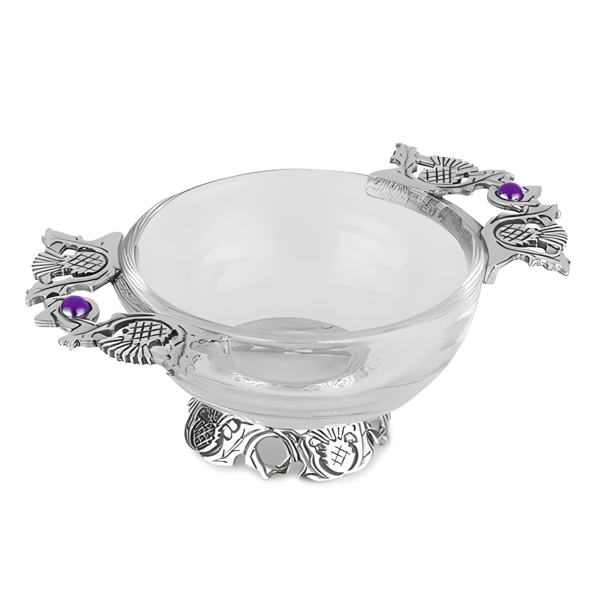Glass quaich bowl with thistle handles and purple jewels on silver accents.