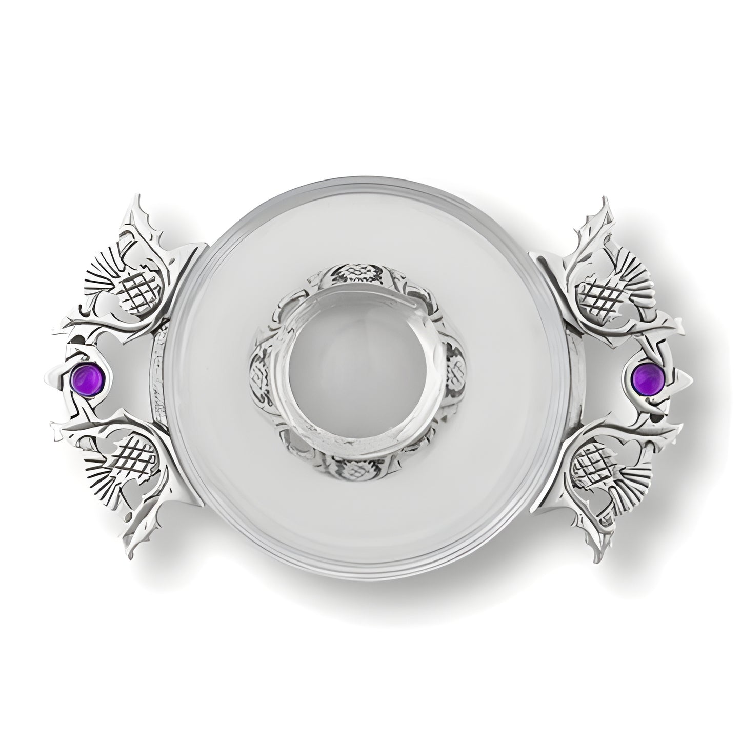 Elegant glass quaich bowl with thistle design and purple gemstones.