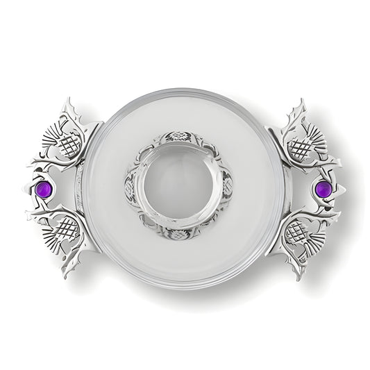 Elegant glass quaich bowl with thistle design and purple gemstones.