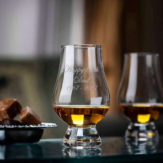 Example engraving (birthday): "Happy 60th / Dad / 1967 - 2027" on the Glencairn Tasting Whisky Glass