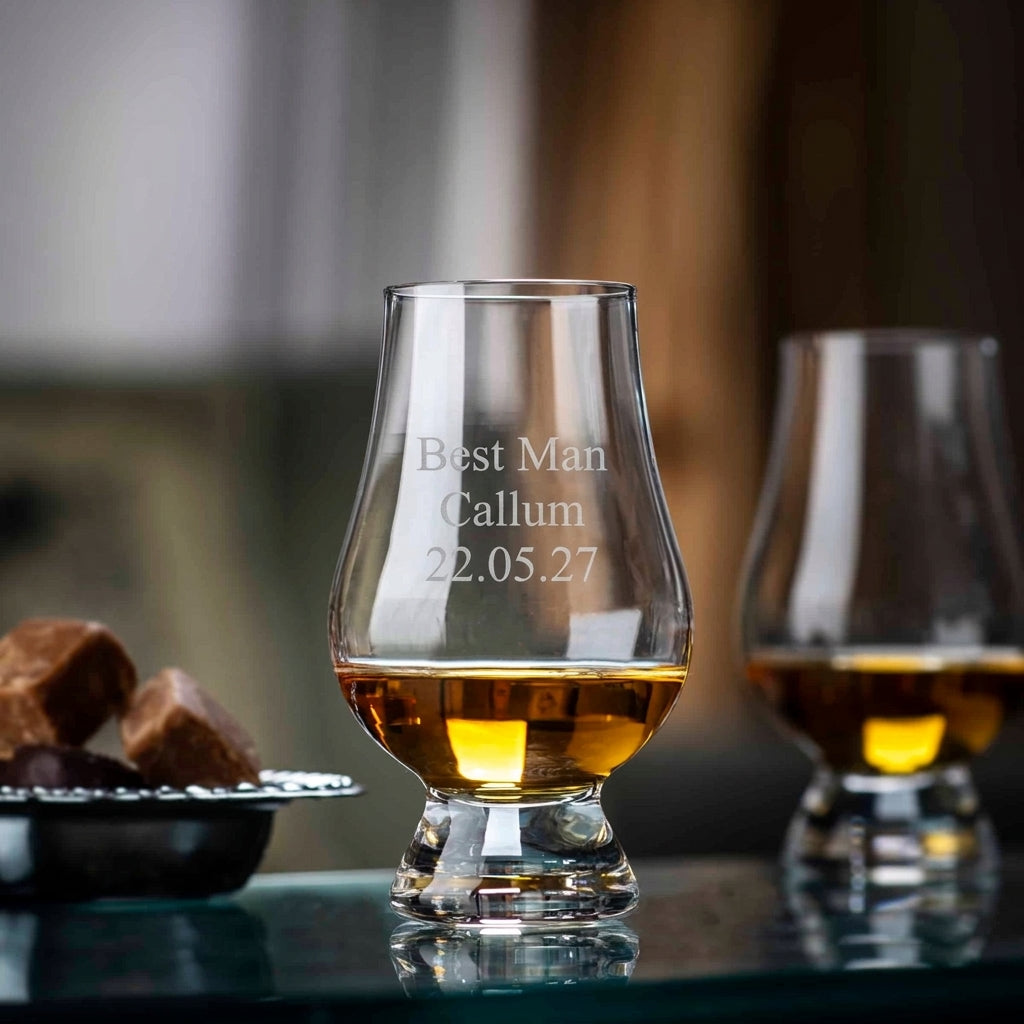 Example engraving (wedding party): "Best Man / Callum / 22.05.27" on the Glencairn Tasting Whisky Glass