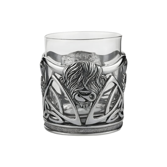 Pewter whisky glass with Highland cow and Celtic design, perfect Scottish gift.