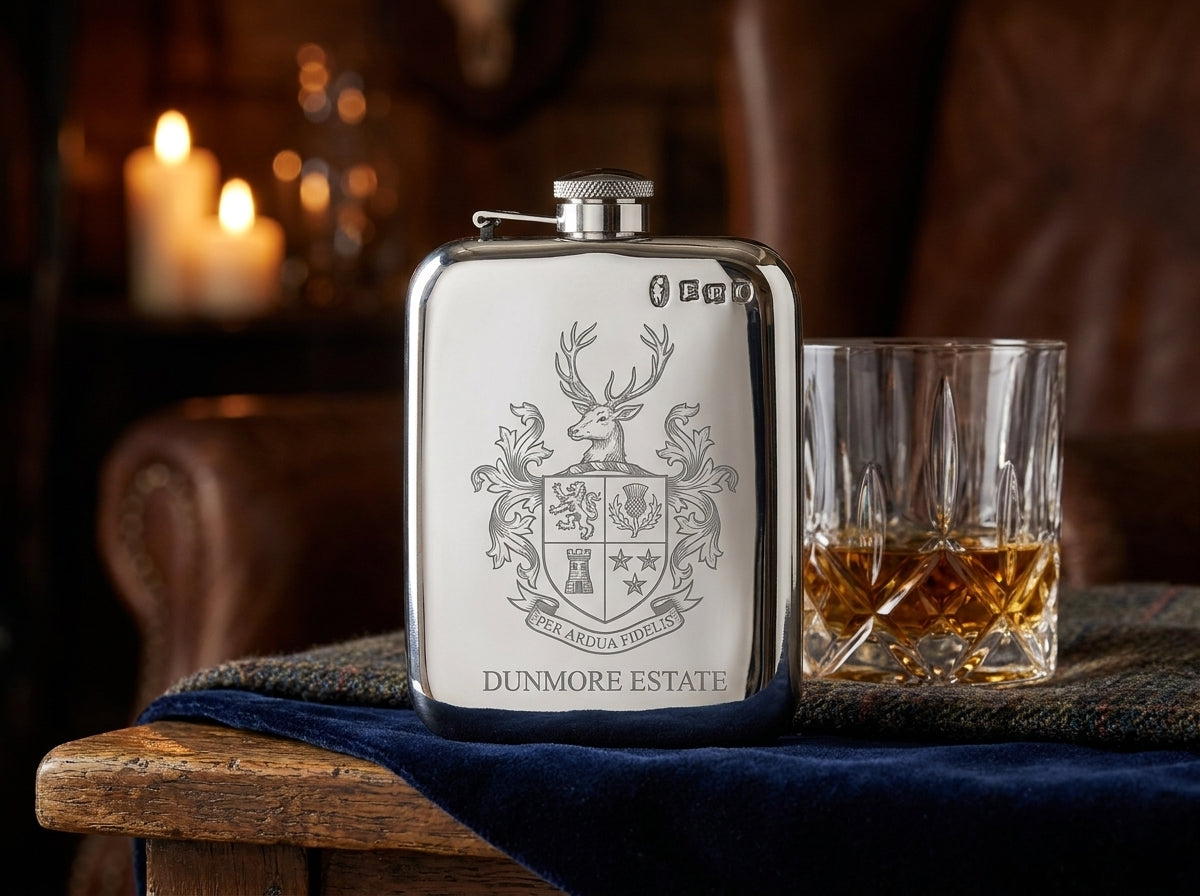 Example of a crest engraved on a pewter hip flask