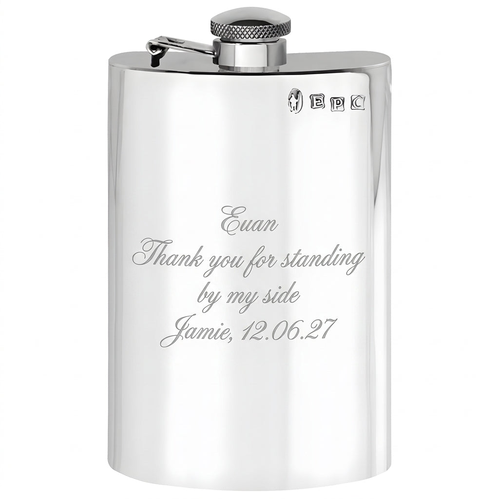 Example engraving on a pewter hip flask: Euan, thank you for standing by my side, Jamie, 12.06.27