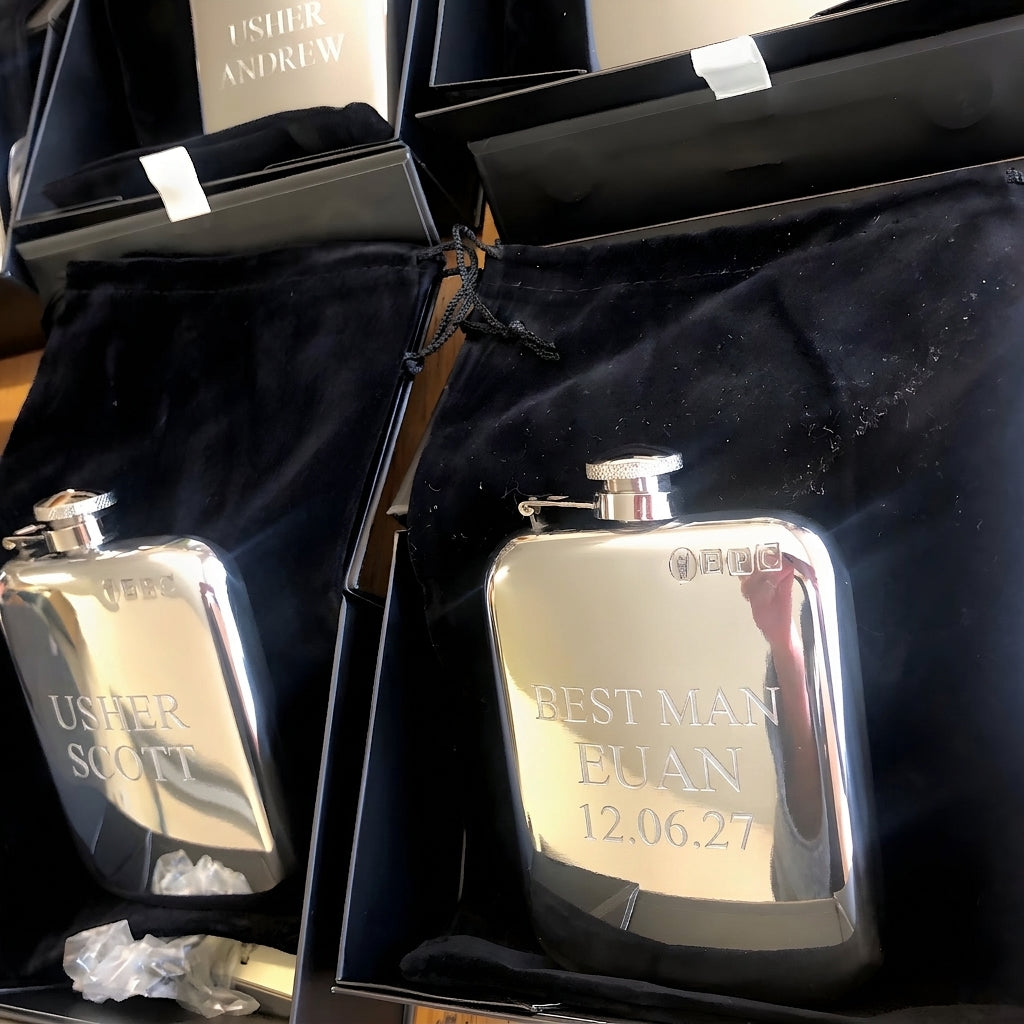 Example of a groomsmen set of engraved pewter hip flasks: Best Man Euan and ushers Scott and Andrew, 12.06.27