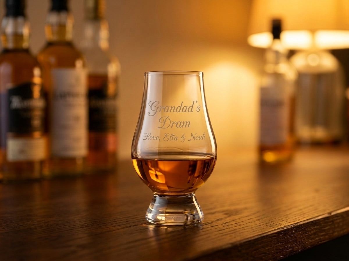 Example engraving on a Glencairn whisky glass: Grandad's Dram, love Ella and Noah
