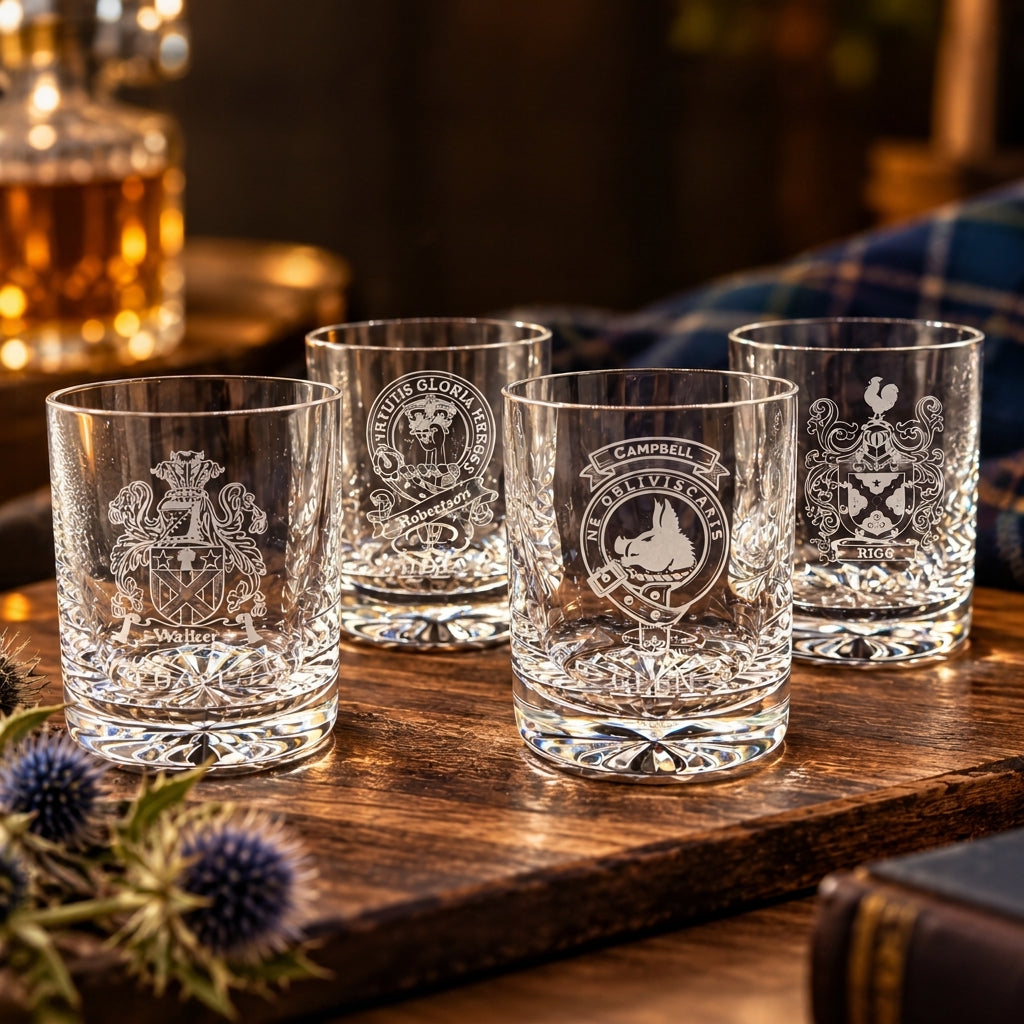 Four crystal whisky tumblers engraved with clan crests and family coats of arms