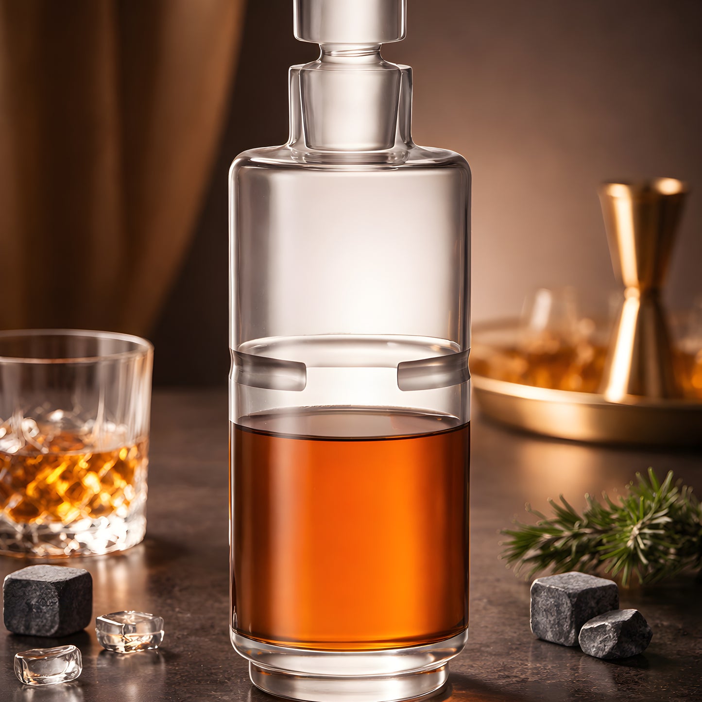 Elegant glass decanter with whiskey and ice cubes on a table.