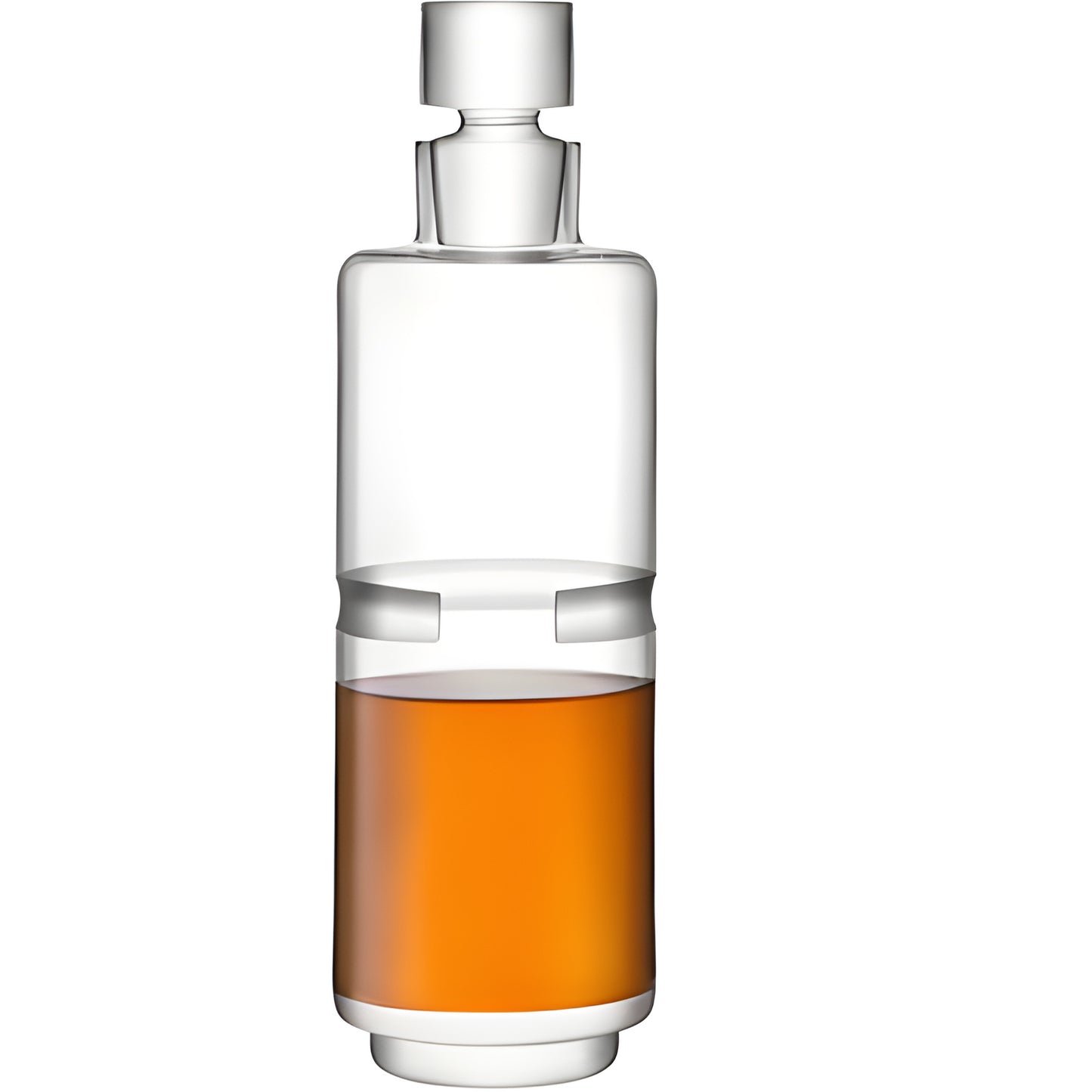 Modern glass decanter with whiskey, showcasing sleek design.