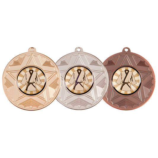 Gold, silver, and bronze round decorative medals in a row.