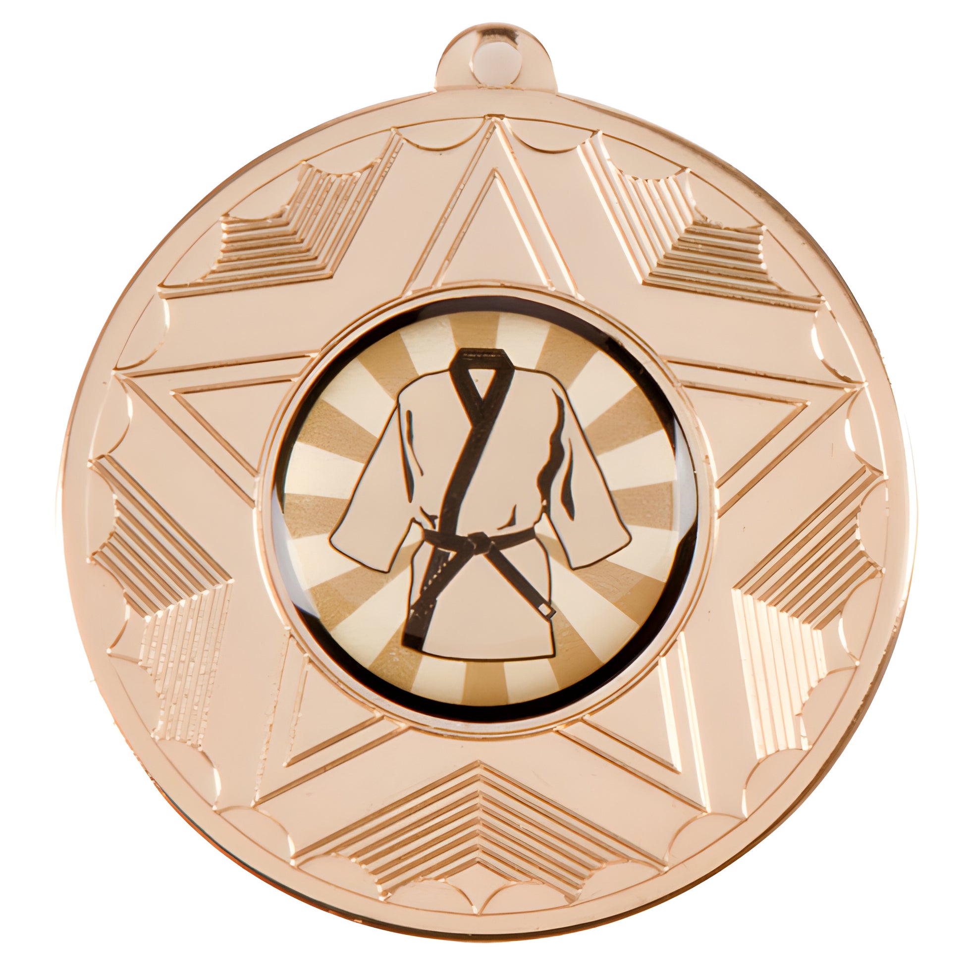 Gold karate tournament medal with black belt design and star pattern.