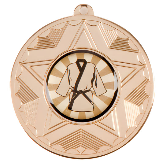 Gold karate tournament medal with black belt design and star pattern.
