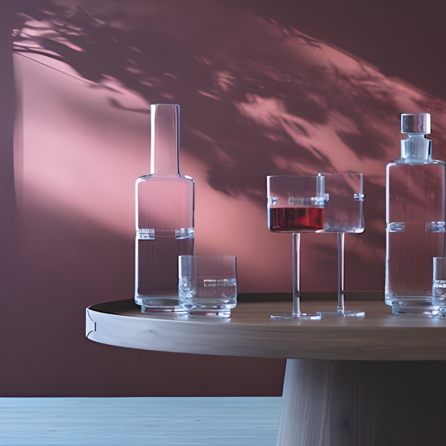 Modern glassware set on a round wooden table against a dark red wall.