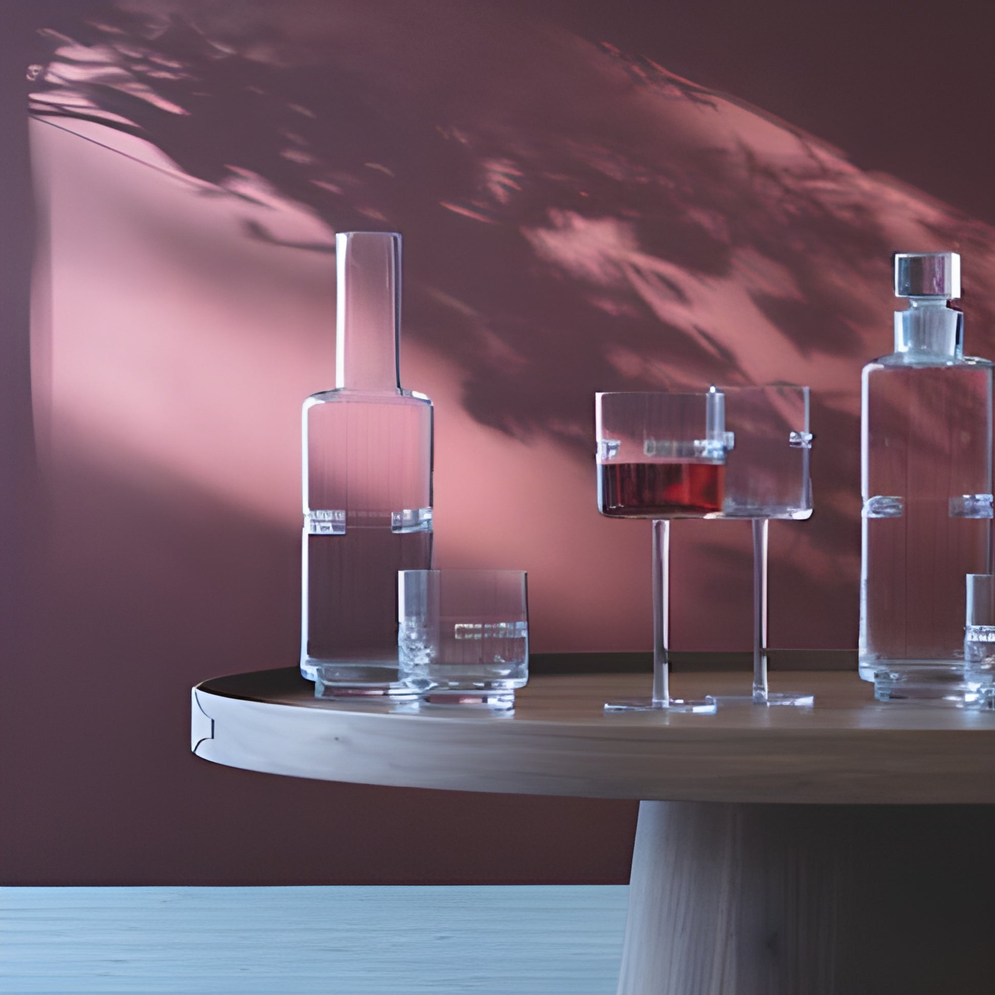 Modern glassware set on a round wooden table against a dark red wall.