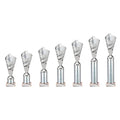 Set of seven silver multisport plastic tube trophies in varying sizes.