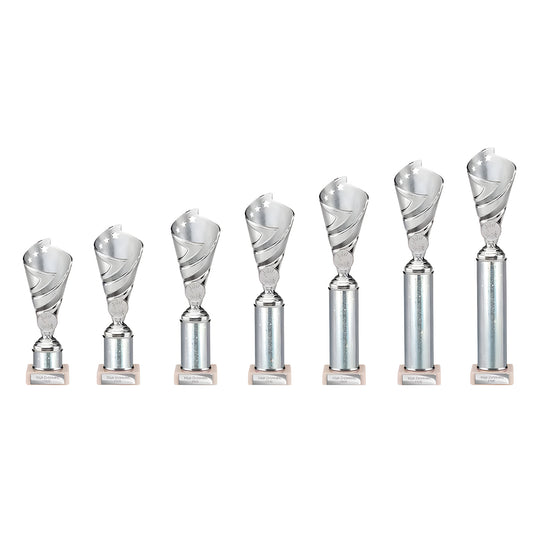 Set of seven silver multisport plastic tube trophies in varying sizes.