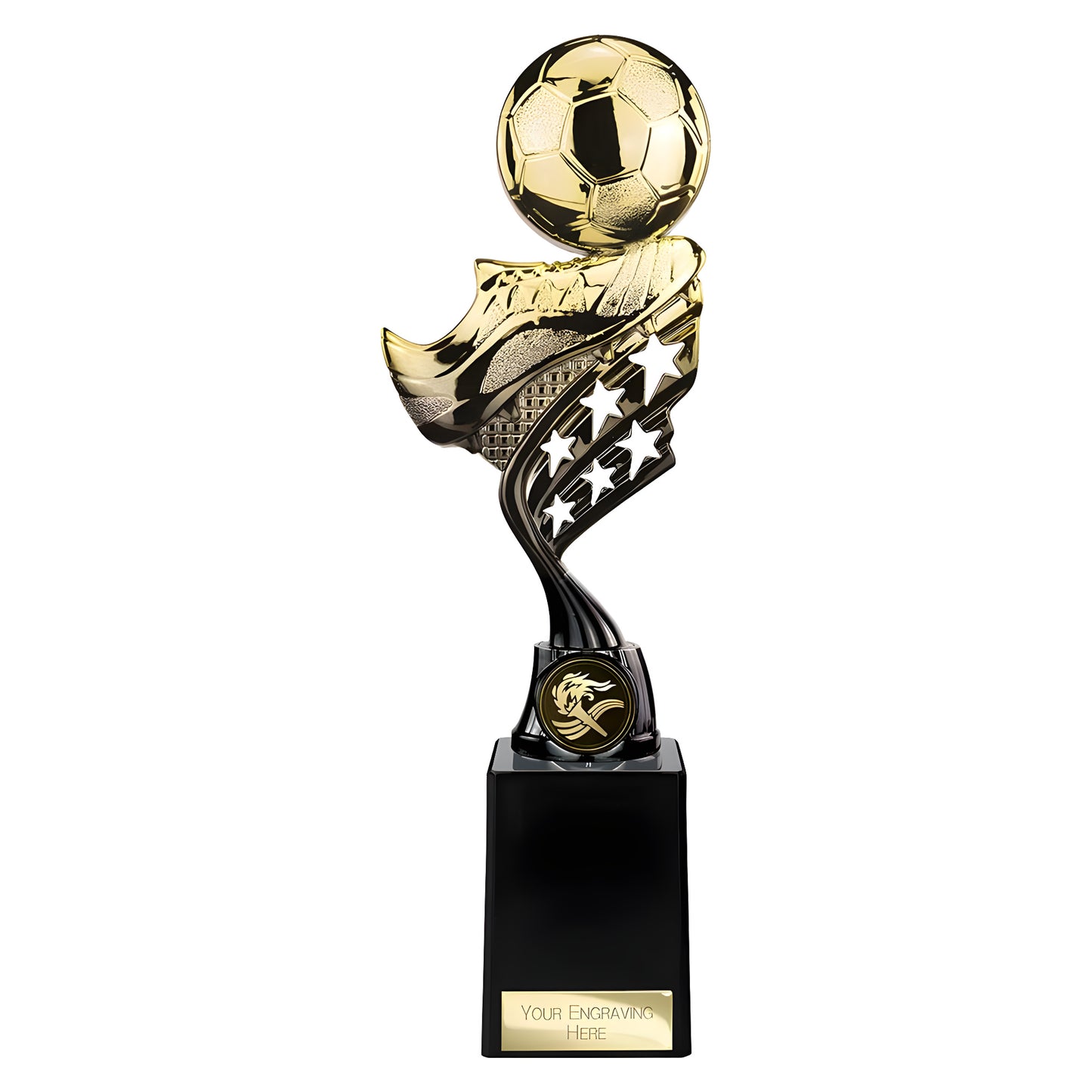 Gold and black plastic football trophy with soccer ball and custom engraving plate.