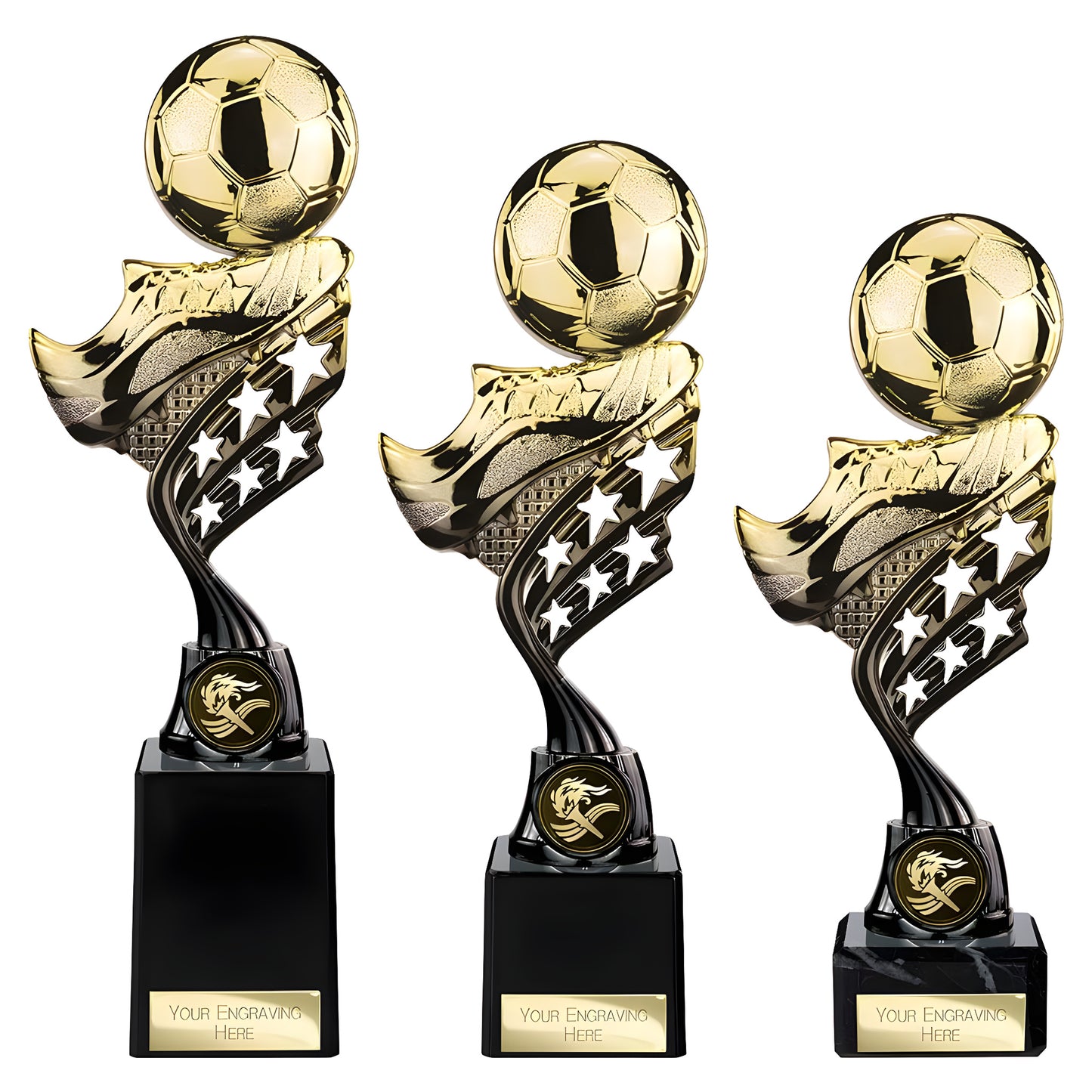 Gold and black plastic football trophies with shoe and ball design.