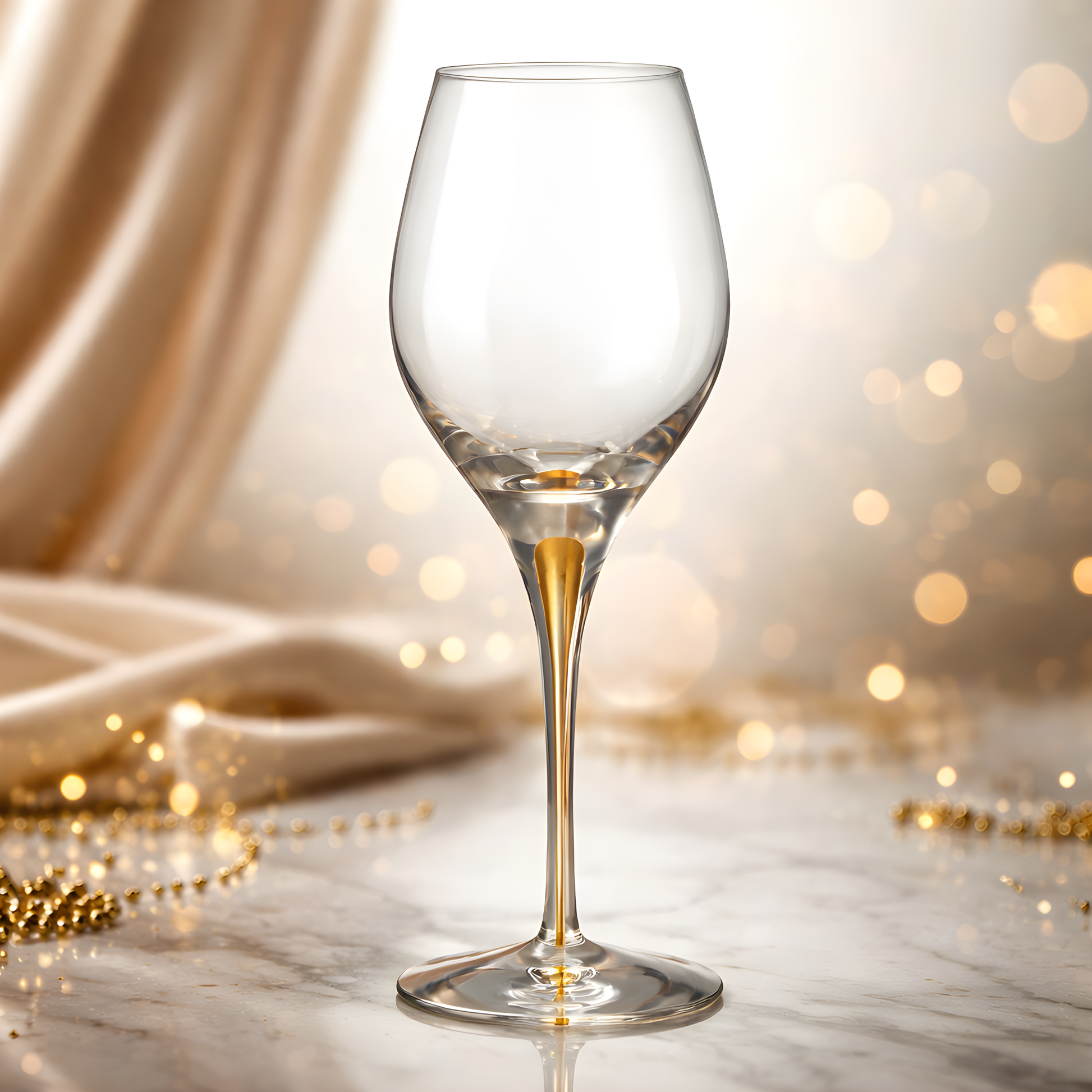 Elegant gold-detailed wine glass on marble table with festive lighting.