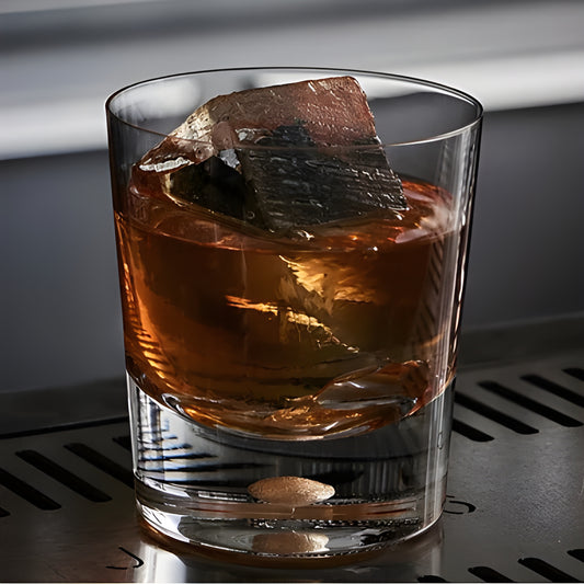 A glass of whiskey with a large ice cube on a modern bar counter.