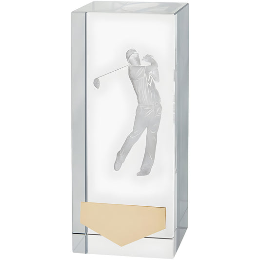 Crystal award with engraved golfer swinging a club, Inverness design.