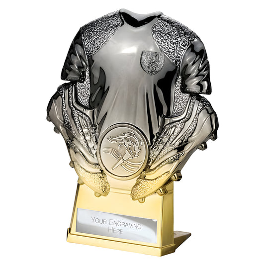 Gunmetal and gold football trophy with shirt design and customizable engraving panel.