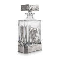Irish harp and clover design on whiskey decanter glass bottle.