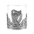 Glass whiskey tumbler with pewter Irish harp and shamrock design