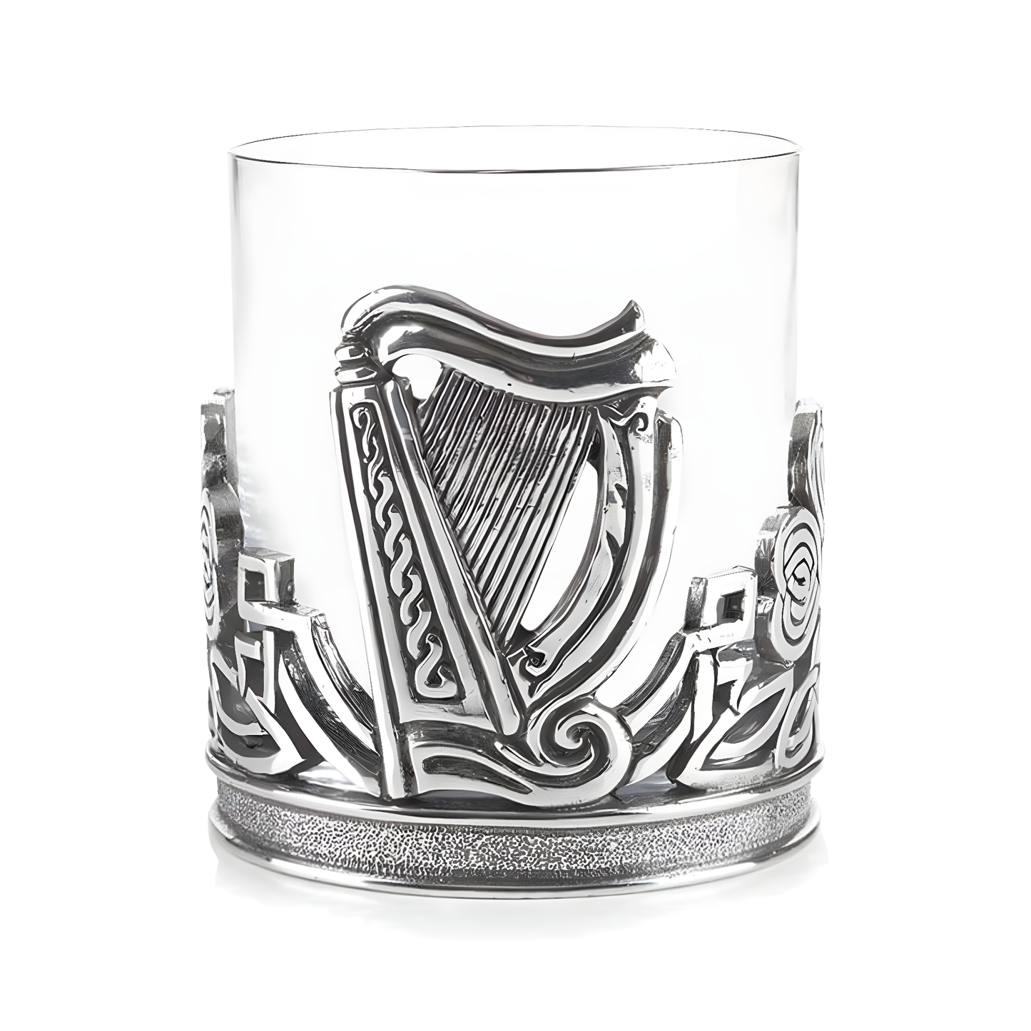 Glass whiskey tumbler with pewter Irish harp and shamrock design