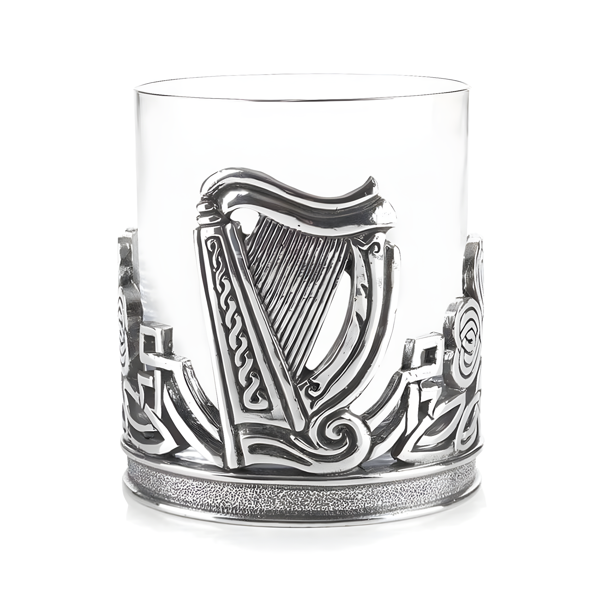 Glass whiskey tumbler with pewter Irish harp and shamrock design