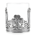 Decorative whiskey tumbler with Celtic claddagh and shamrock design in pewter.
