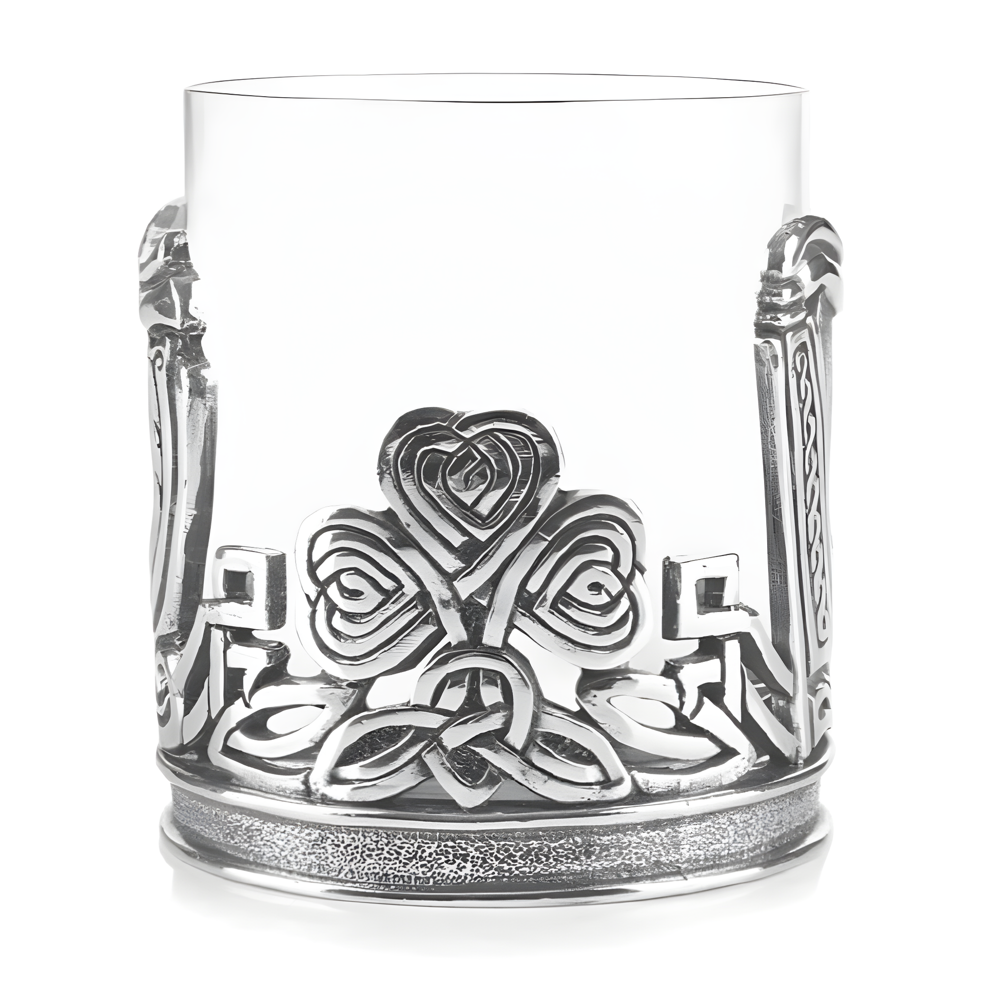Decorative whiskey tumbler with Celtic claddagh and shamrock design in pewter.
