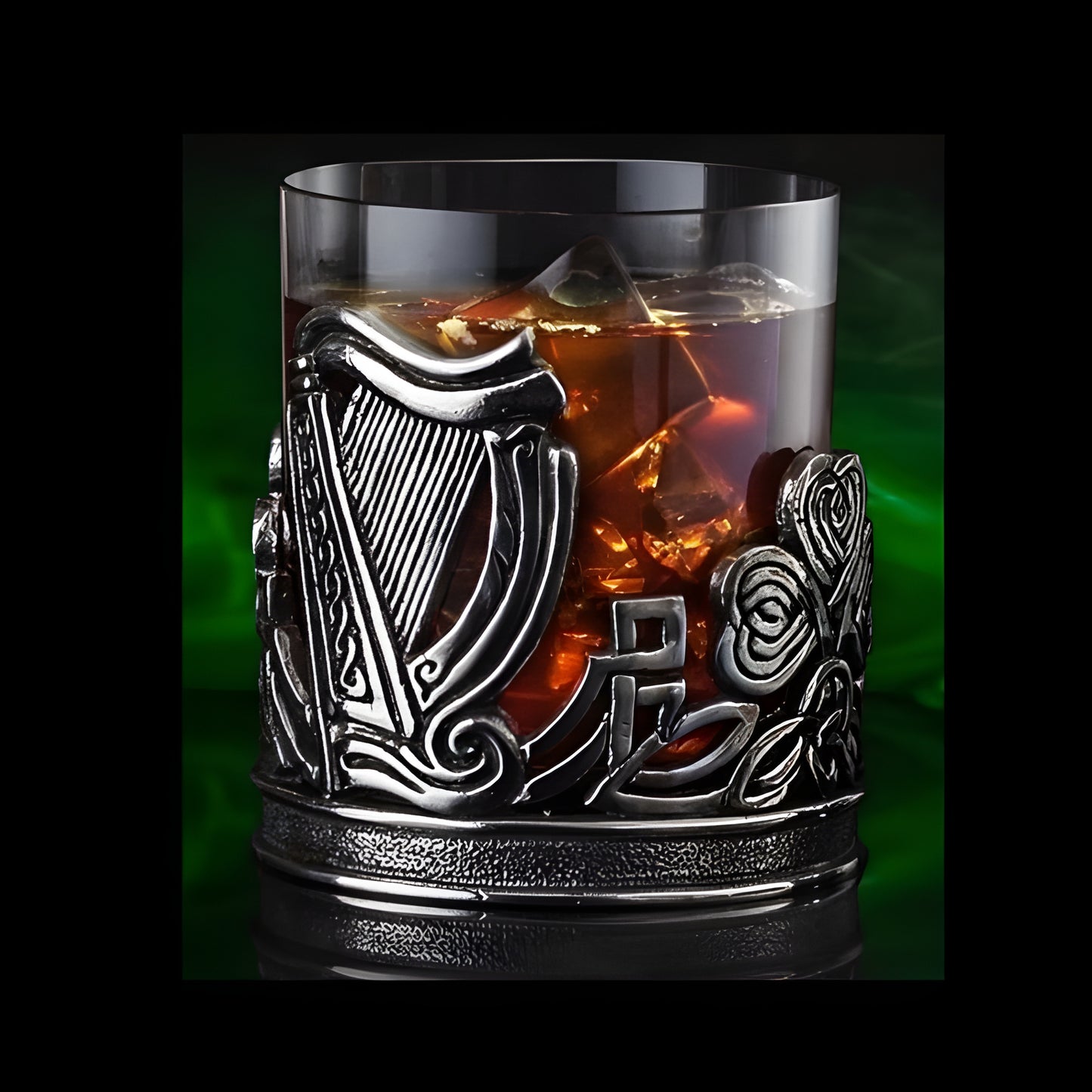 Irish whiskey tumbler with a pewter Celtic harp and shamrock design.