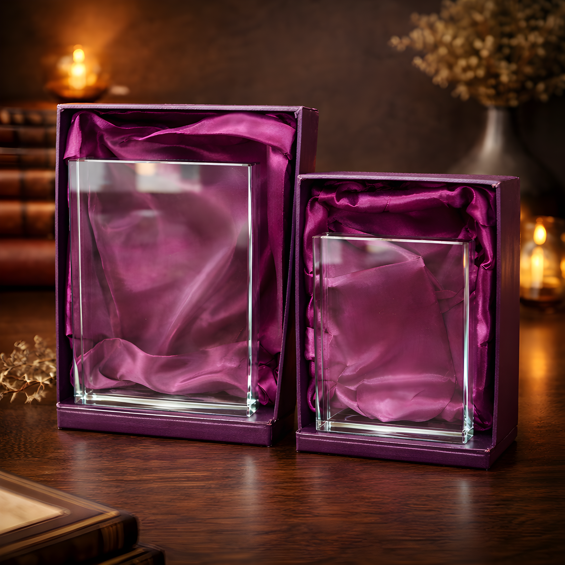 Jade glass awards in purple satin-lined boxes on wooden table.