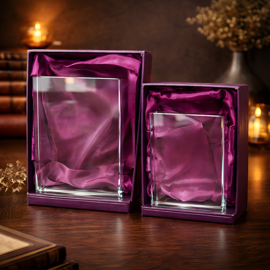 Jade glass awards in purple satin-lined boxes on wooden table.
