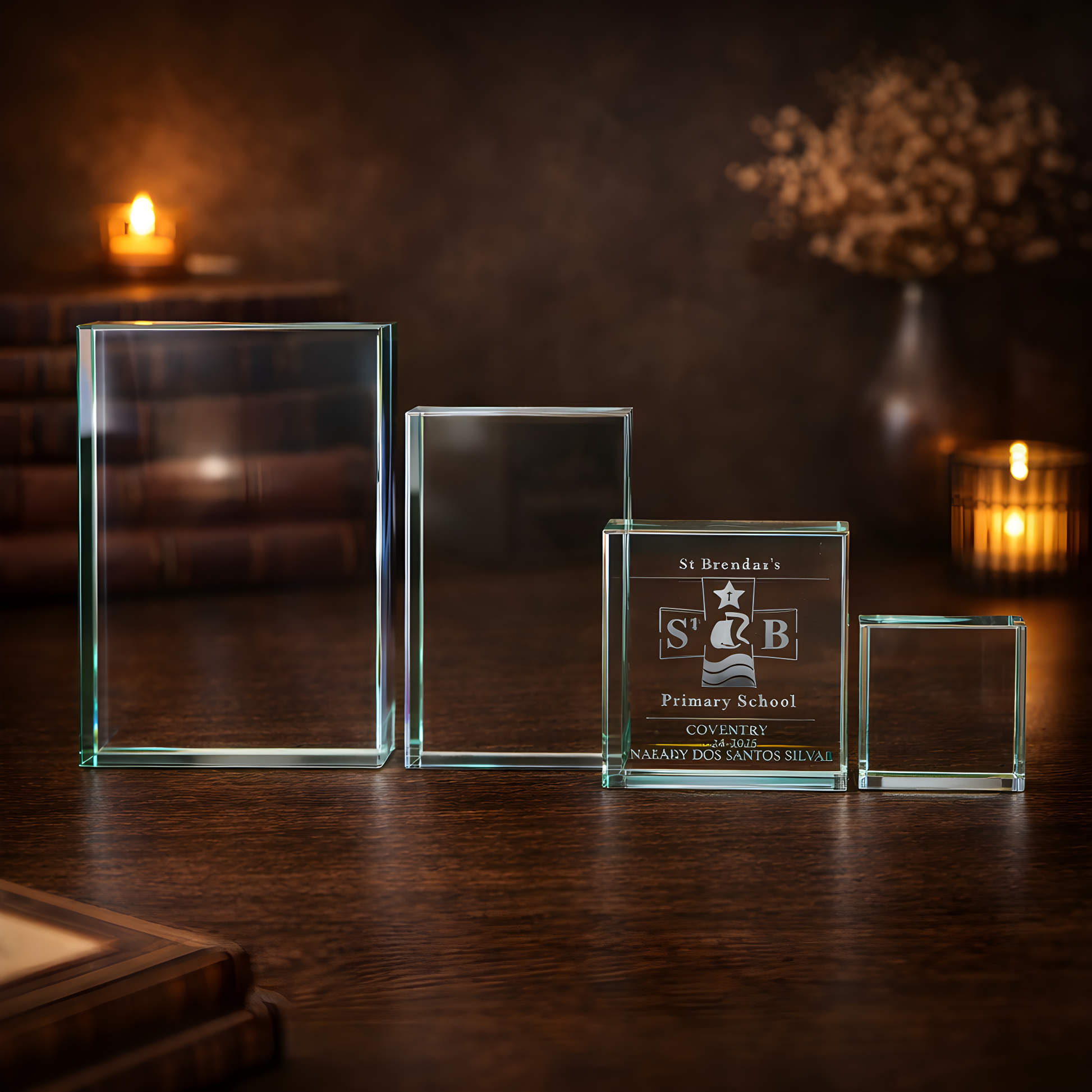 Engraved jade glass award for primary school on a wooden table with candlelight.