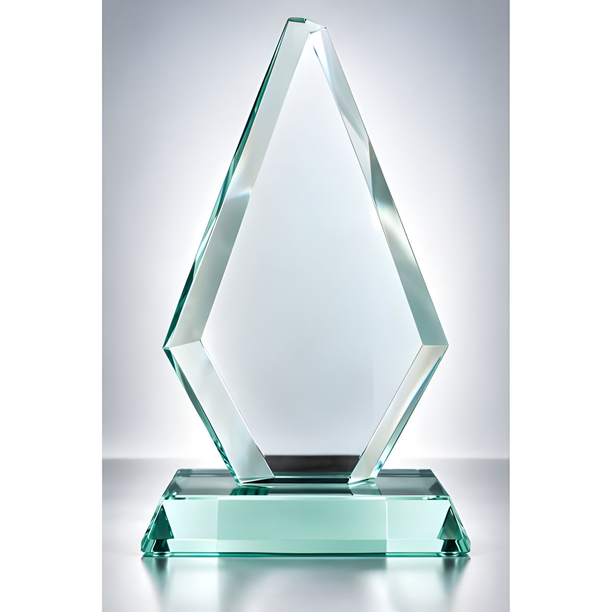 Clear glass jade diamond arrow award on hexagonal base.