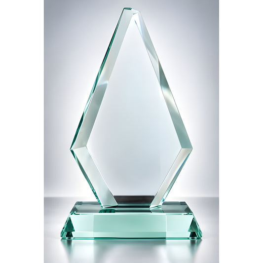 Clear glass jade diamond arrow award on hexagonal base.