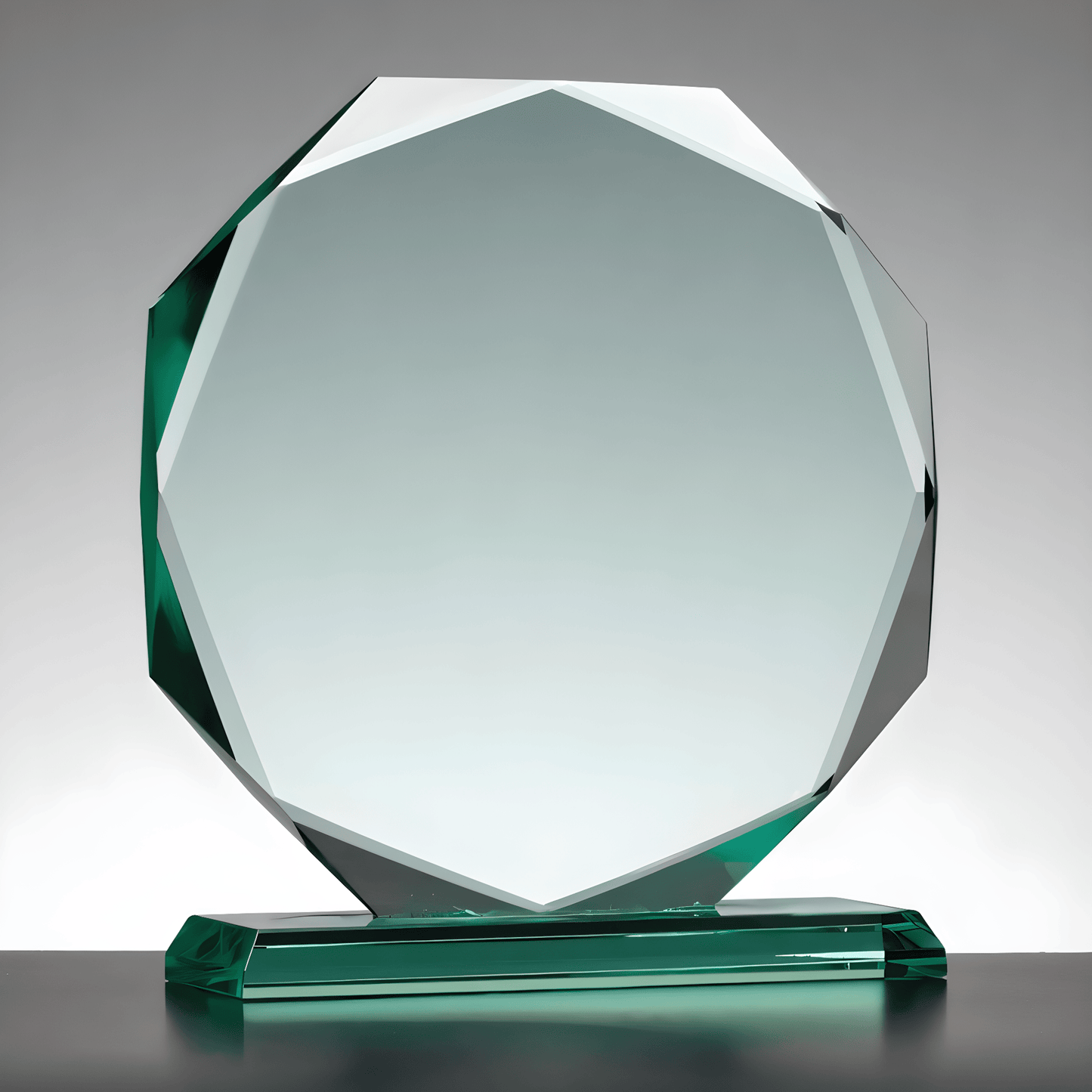 Octagonal jade glass award on black base with reflective surface.