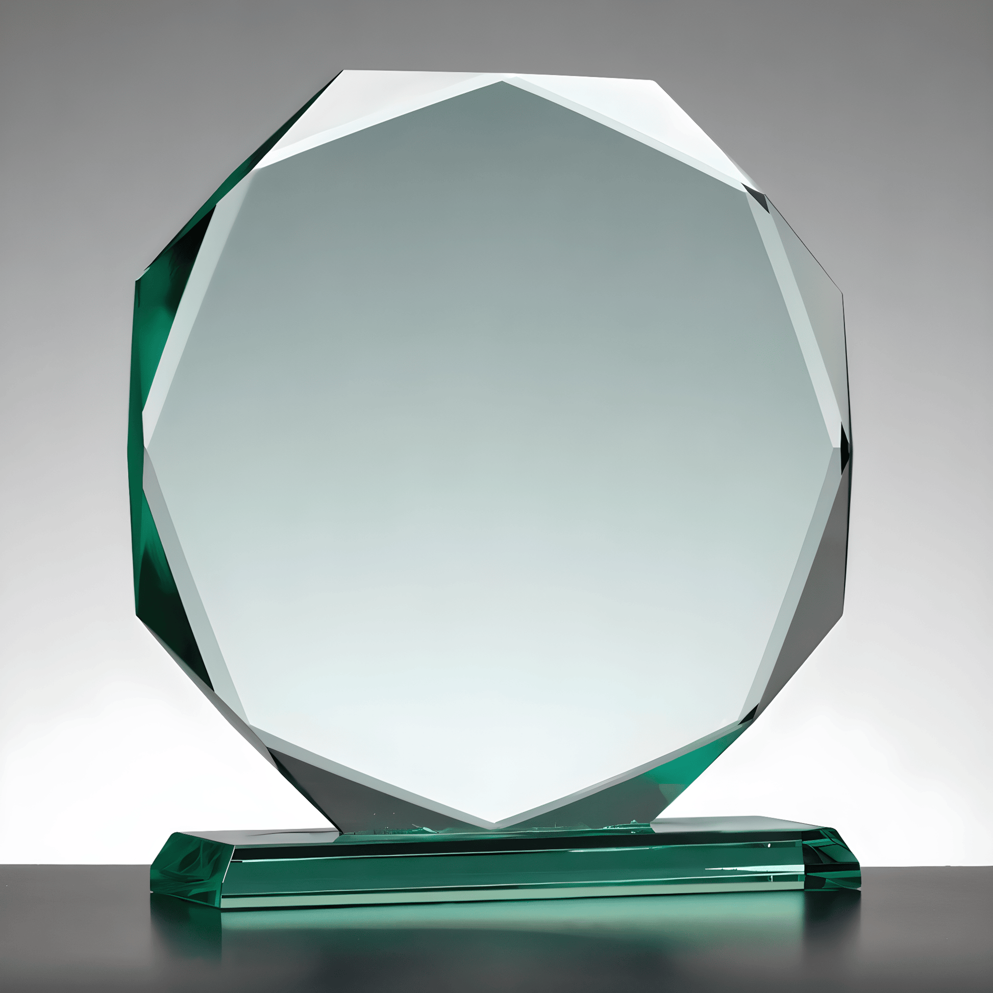 Octagonal jade glass award on black base with reflective surface.