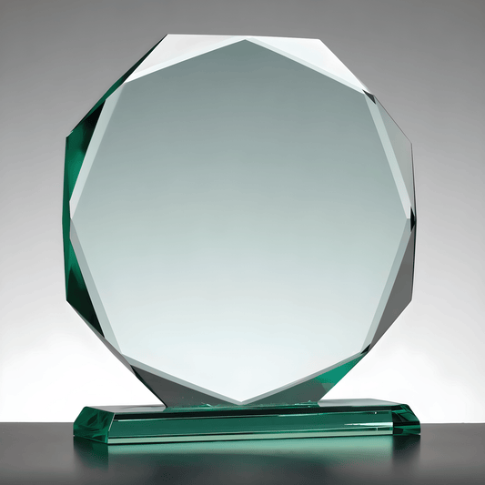 Octagonal jade glass award on black base with reflective surface.
