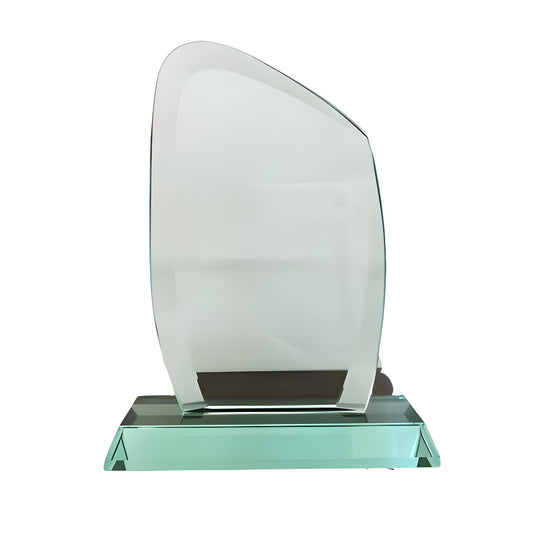 Curved jade glass award trophy with sleek modern design on a solid base.